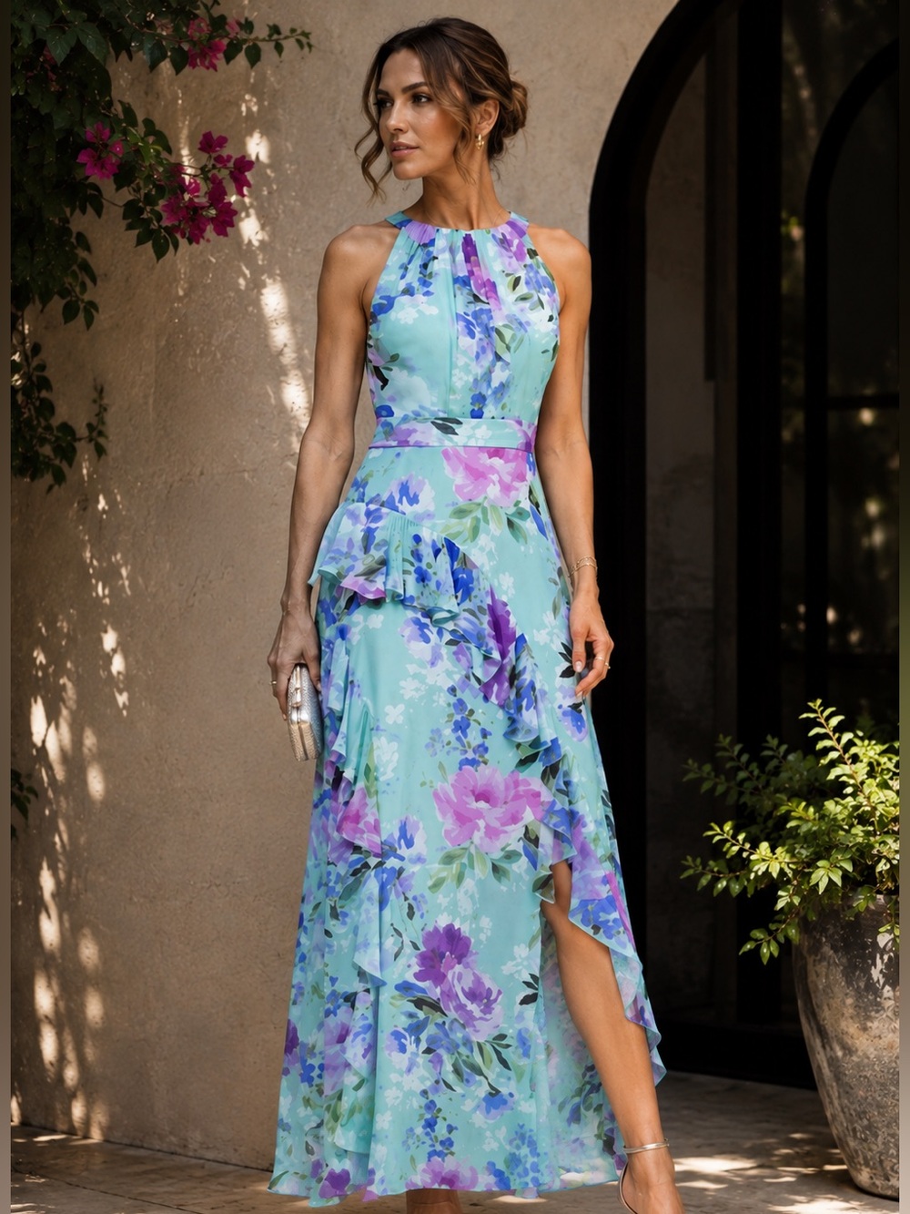Betsy & Adam Aqua Floral Halter Ruffle Maxi Dress